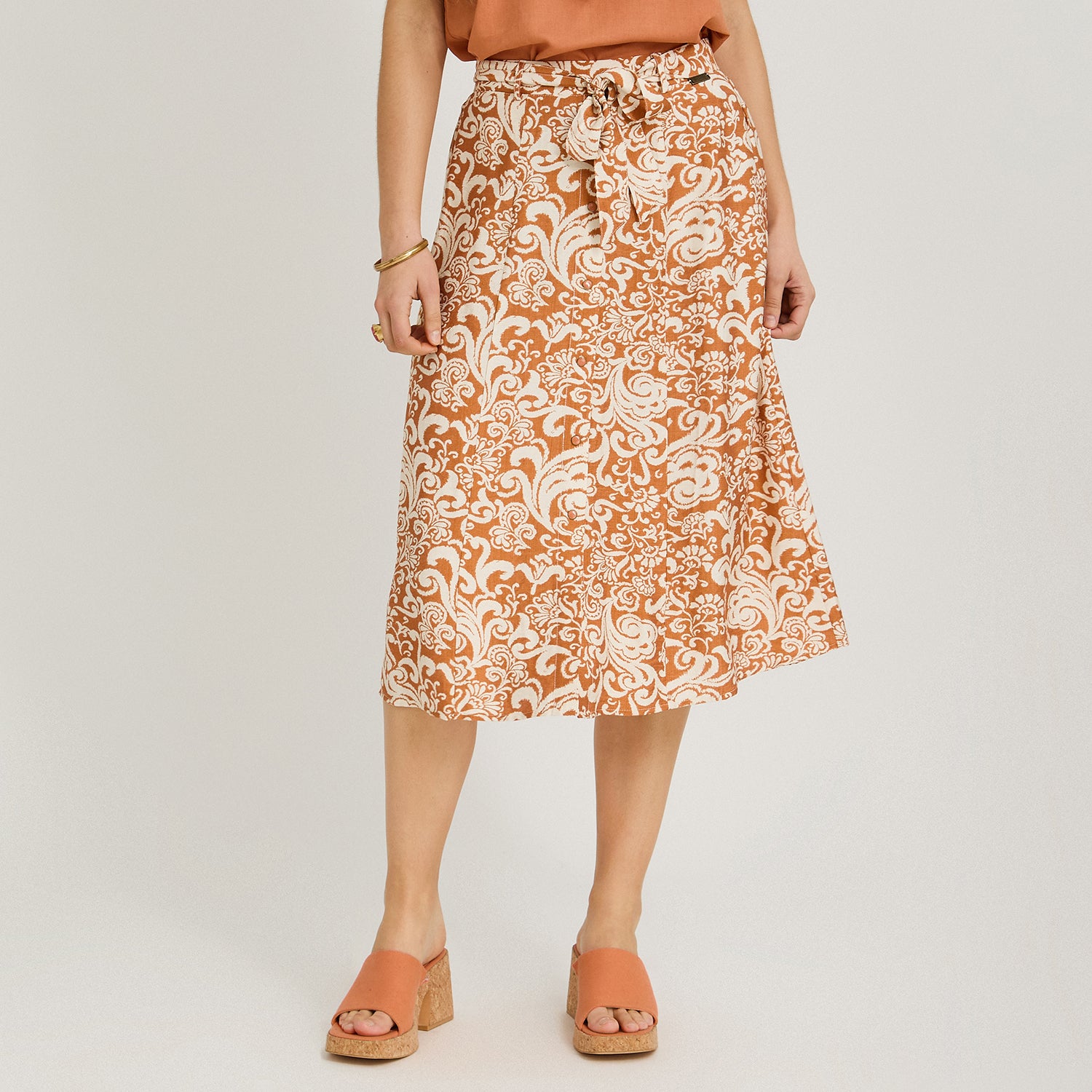 Falda Larga Look Lino con Botones Terracota